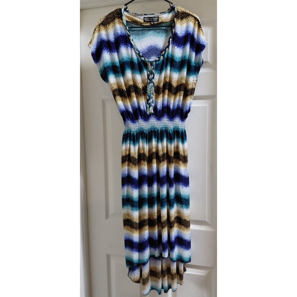 California Woman Women's M Hi-Low Midi Dress Blue Teal Brown Abstract Stretch